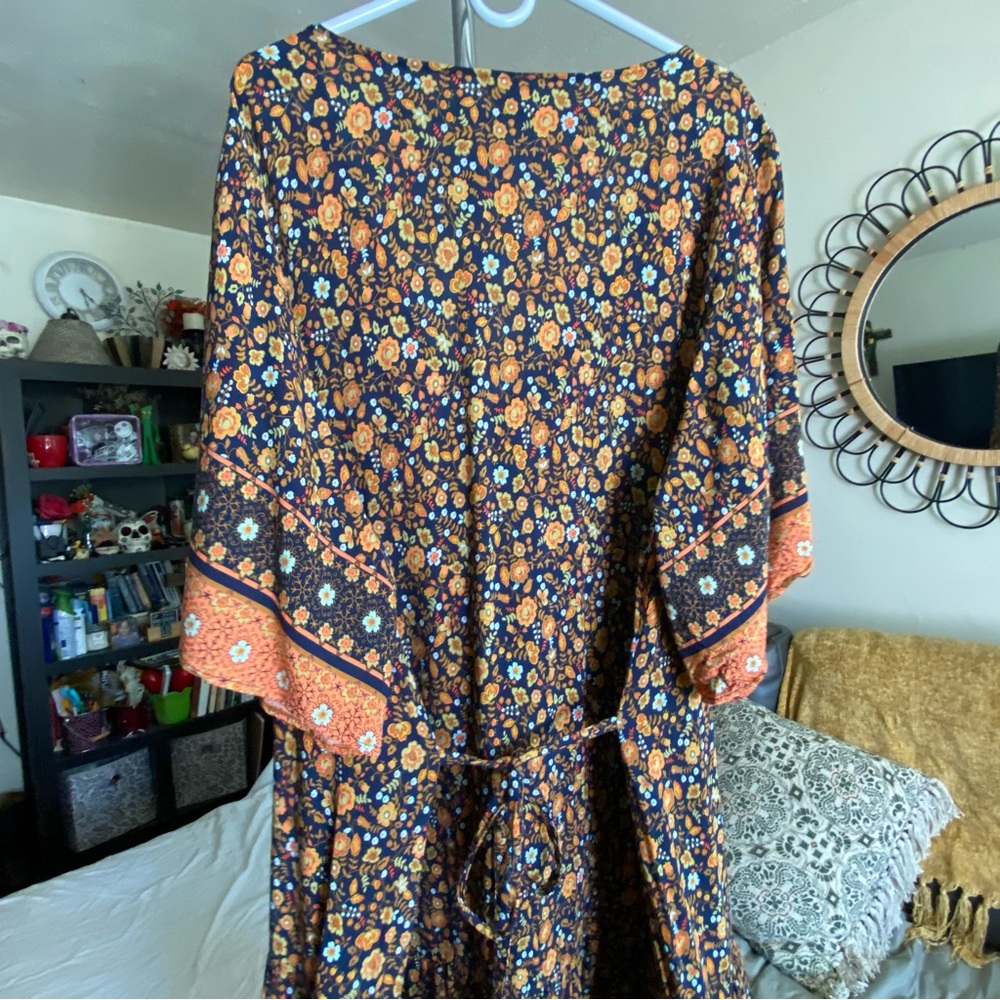 Cottagecore Black Orange Ditsy Floral Pleated Maxi Dress Tall Plus Size 26/28 - Picture 11 of 17